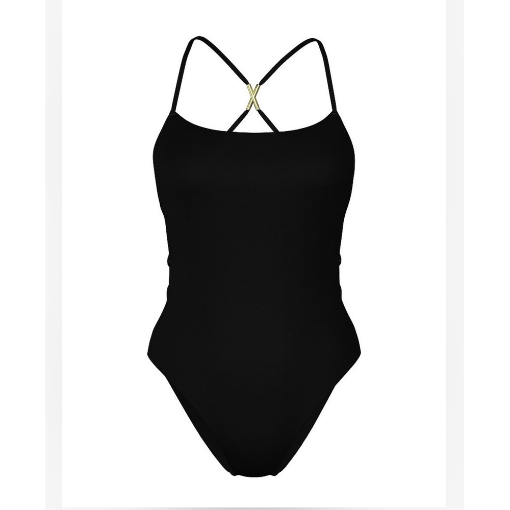 H9 Victorias Secret Black Strappy Back One Piece Swimsuit Gold Hardware Medium - Picture 4 of 13